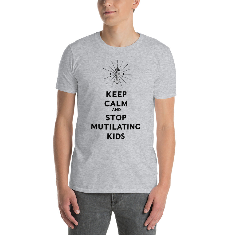 Whit shirt with the slogan "keep calm and stop mutilating kids" with a vector Christian cross on top