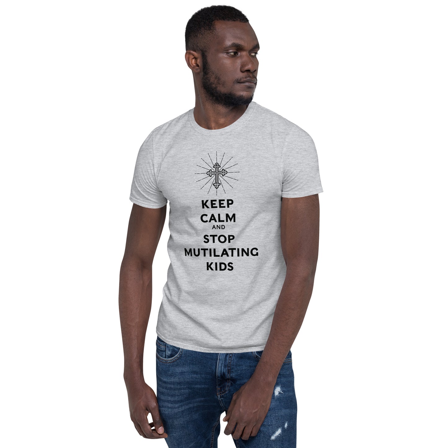 Whit shirt with the slogan "keep calm and stop mutilating kids" with a vector Christian cross on top