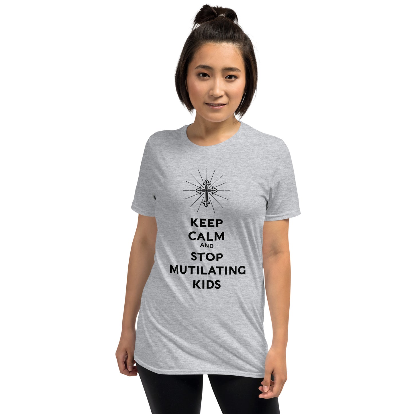 Whit shirt with the slogan "keep calm and stop mutilating kids" with a vector Christian cross on top